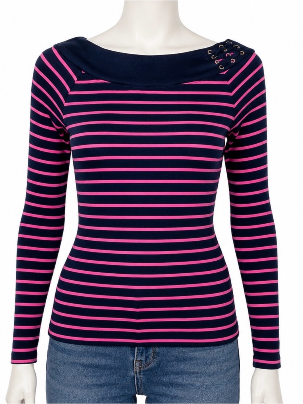 Lauren Ralph Lauren Navy Pink Striped Lace Up Boat Neck Long Sleeve Top Size L